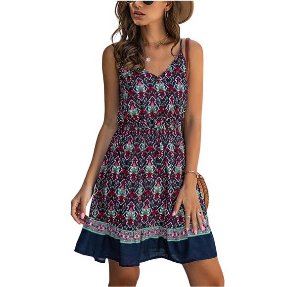 Boho PRETTY GARDEN Floral V Neck Spaghetti Strap Button Down Mini A Line Dress L - Picture 1 of 7